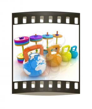 Colorful weights and dumbbells and earth. Global on a white background. The film strip