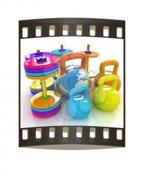 Colorful weights and dumbbells and earth. Global on a white background. The film strip