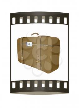 Brown traveler's suitcase on a white background. The film strip