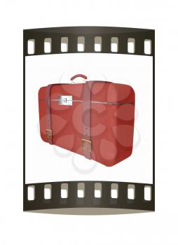 Red traveler's suitcase on a white background. The film strip