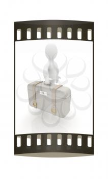Leather suitcase for travel with 3d man on a white background. The film strip