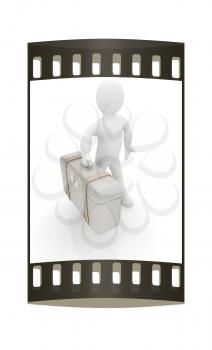 Leather suitcase for travel with 3d man on a white background. The film strip
