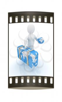 Leather suitcase for travel with 3d man and earth on a white background. The film strip