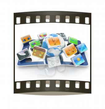 Touchscreen Smart Phone with Cloud of Media Application Icons on a white background. The film strip