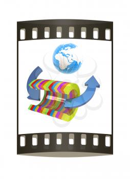 3d colorful abstract cut pipe and Earth on a white background. The film strip