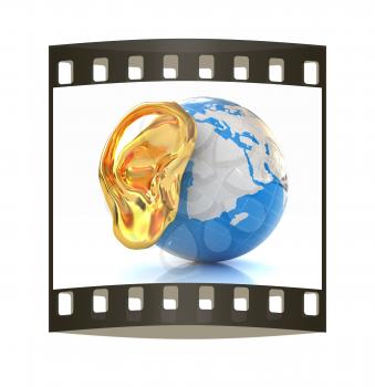 Ear gold 3d on earth render isolated on white background. Global. The film strip