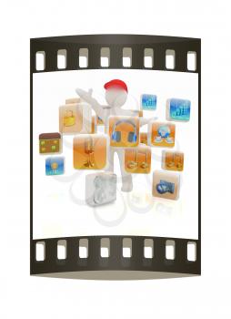 3d man with cloud of media application Icons on a white background. The film strip