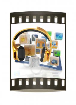 Phone gold on tablet pc with cloud of media application Icons on a white background. The film strip