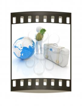 3d man with pineapple,earth and traveler's suitcase on a white background. The film strip
