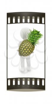 3d man with pineapple on a white background. The film strip