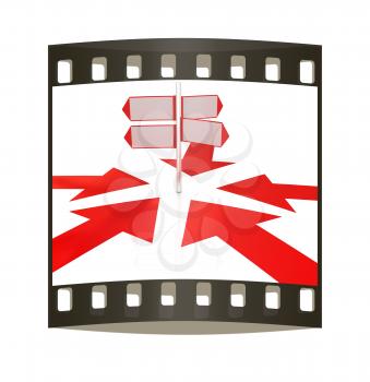 3D blank road sign and arrows way on a white background. The film strip