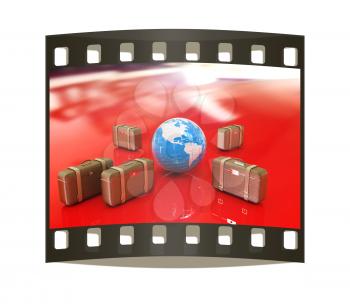 Brown traveler's suitcases and earth. Futuristic 3d illustration. The film strip 