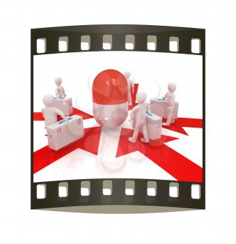 3d doctors around tablet on a white background. The film strip