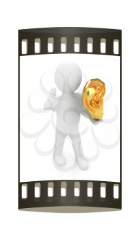 3d man with ear gold 3d render isolated on white background. The film strip 