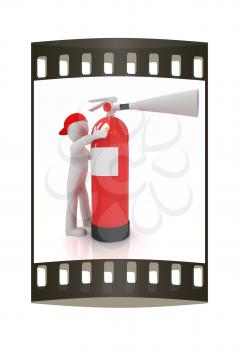 3d man with red fire extinguisher on a white background. The film strip