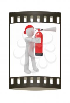 3d man with red fire extinguisher on a white background. The film strip