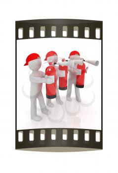 3d mans with red fire extinguisher on a white background. The film strip