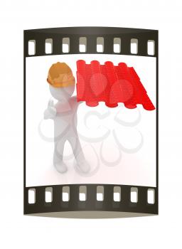 3d man presents the roof tiles on a white background. The film strip