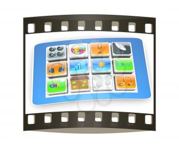Touchscreen Smart Phone with Cloud of Media Application Icons on a white background. The film strip