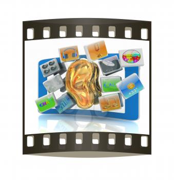 Ear gold on tablet pc with cloud of media application Icons on a white background. The film strip
