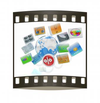 Earth and percent with cloud of media application Icons on a white background. The film strip
