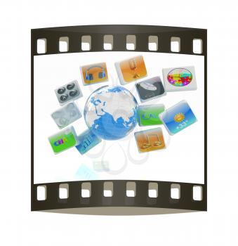 Earth with cloud of media application Icons on a white background. The film strip