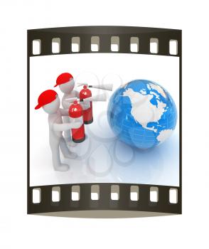 3d mans with red fire extinguisher extinguish earth on a white background. The film strip
