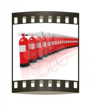 Red fire extinguishers on a white background. The film strip