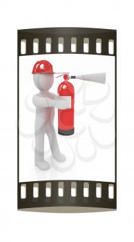 3d man in hardhat with red fire extinguisher on a white background. The film strip