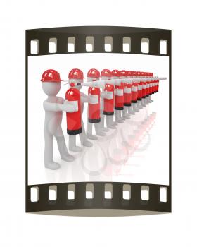 3d mans in hardhat with red fire extinguisher on a white background. The film strip