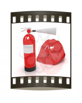 Red fire extinguisher and hardhat on a white background. The film strip