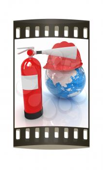 Red fire extinguisher and hardhat on earth on a white background. The film strip