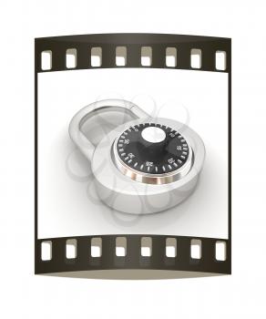 Illustration of security concept with chrome locked combination pad lock on a white background. The film strip