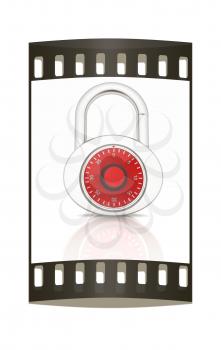 Illustration of security concept with chrome locked combination pad lock on a white background. The film strip