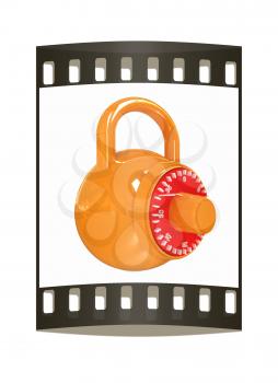 Illustration of security concept with glossy locked combination pad lock on a white background. The film strip