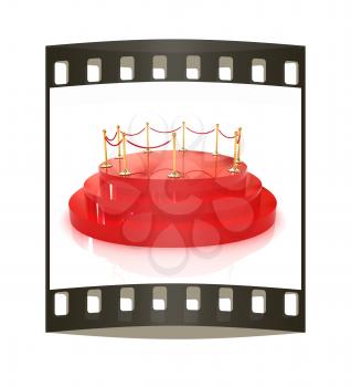 3D glossy podium with gold handrail on a white background. The film strip