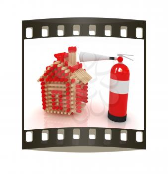 Red fire extinguisher and log house from matches pattern on white. The film strip