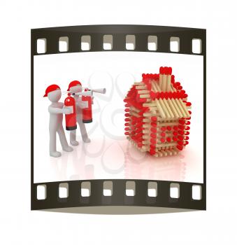 3d man with red fire extinguisher and log houses from matches pattern on white. The film strip