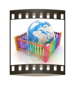 Web protection concept. Earth closed colorfull fence on a white background. The film strip