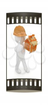 3d architect man in a hard hat with thumb up with log house from matches pattern. 3d image. Isolated on white background. The film strip