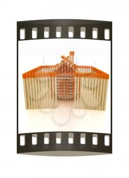 Log house from matches pattern on white. The film strip