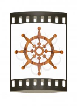 Wooden steering wheel on a white background. The film strip