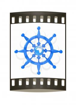 Steering wheel with Earth. Trip around the world concept on a white background. The film strip