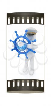 Sailor with steering wheel and earth. Trip around the world concept on a white background. The film strip