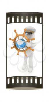 Sailor with wood steering wheel and earth. Trip around the world concept on a white background. The film strip