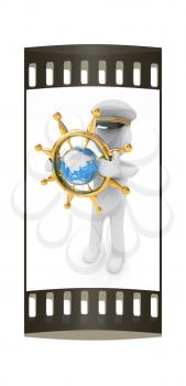 Sailor with gold steering wheel and earth. Trip around the world concept on a white background. The film strip