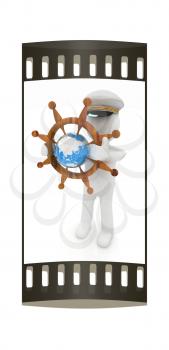 Sailor with wood steering wheel and earth. Trip around the world concept on a white background. The film strip