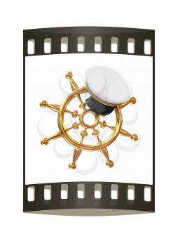 Marine cap on gold marine steering wheel on a white background. The film strip