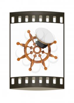 Marine cap on wood marine steering wheel on a white background. The film strip