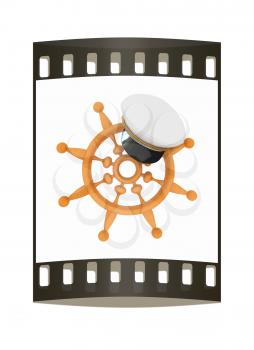 Marine cap on wood marine steering wheel on a white background. The film strip